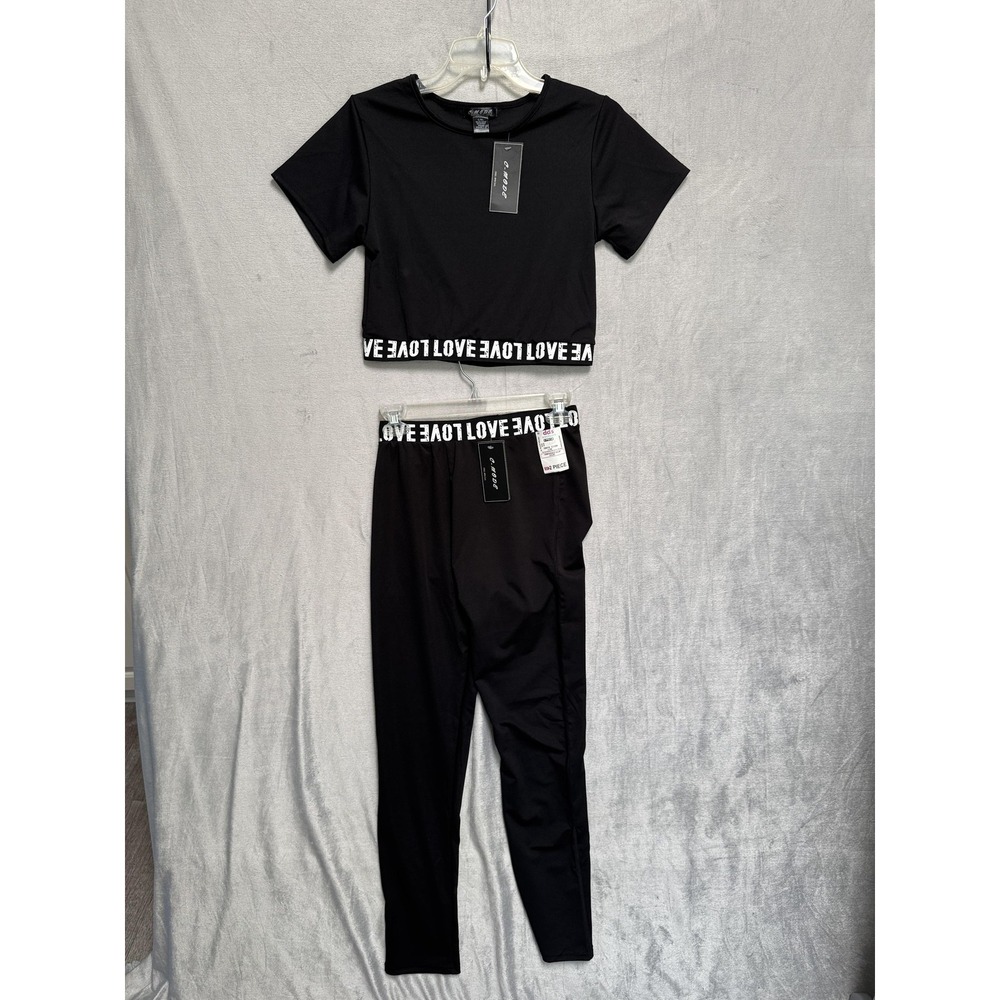 C-Mode Outfit Set Juniors L/XL Black Love Crop Top Track Leggings 2 Piece